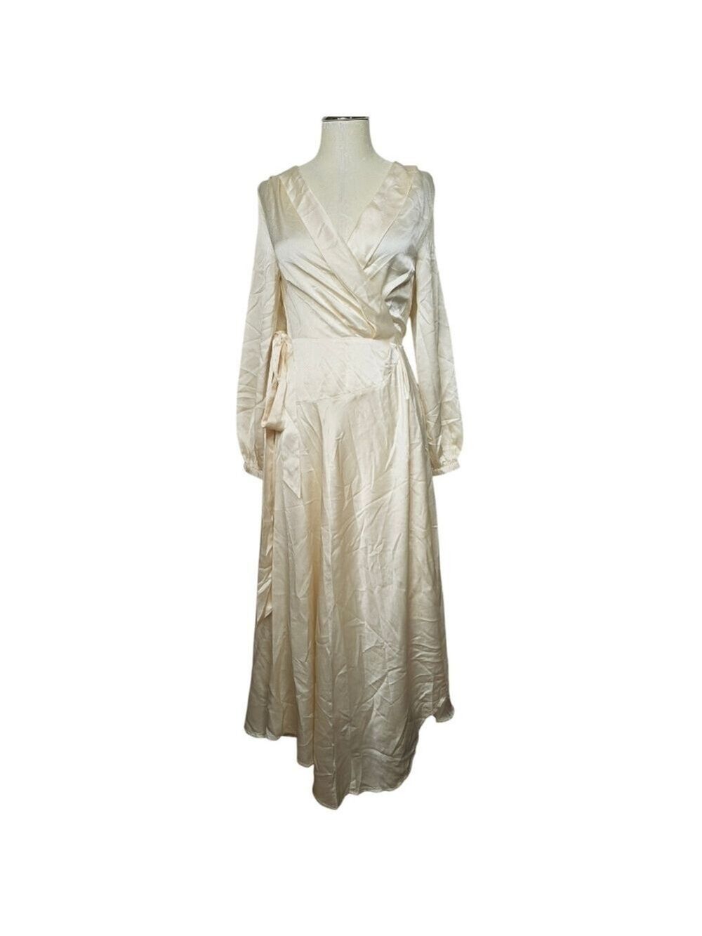 Nasty Gal Cream V Neck Cowl Back Satin Wrap Long Sleeves Maxi Dress 4